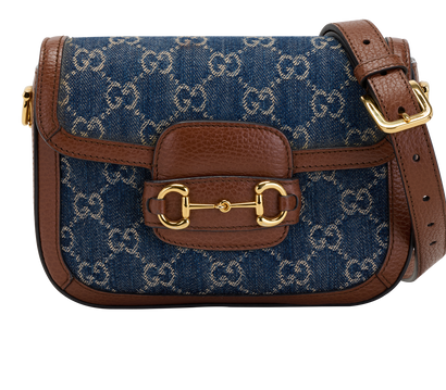 Horsebit 1955 Small Crossbody, &pound;950, Handbags, Blue/Brown, Denim/Leather, Front view